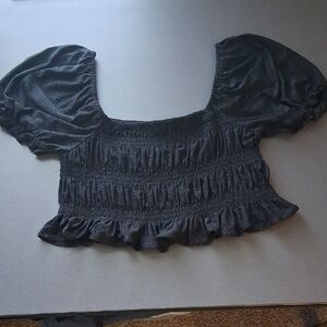 Aster Black Puff Sleeve Cropped Eyelet Top Large